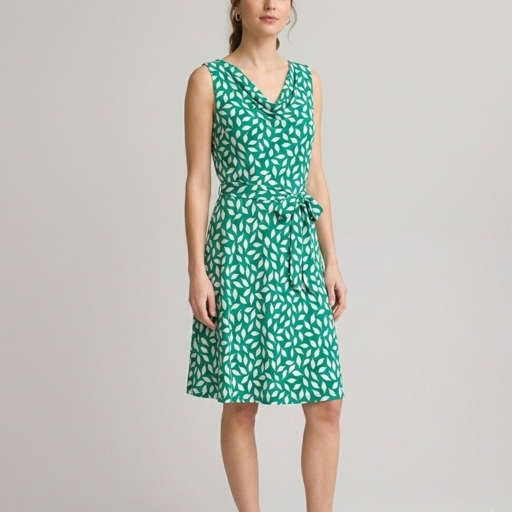 LOFT Dress Womens M Green Leaf Print Cowl Neck Belted Sleeveless Career Chic
